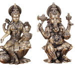 Brass Ganesha and Lakshmi Idol Pair Seated on Lotus - 4" Height